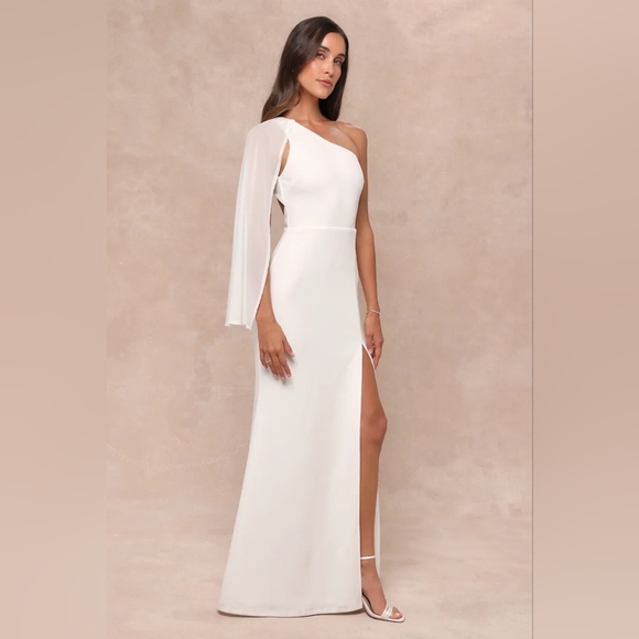 Lulus Majestic Attitude White Cape Sleeve One-Shoulder Maxi Dress S Wedding - Picture 3 of 11